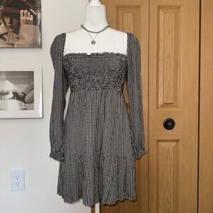Abercrombie & Fitch Babydoll Mini Dress Women Medium Black White Gingham Smocked
